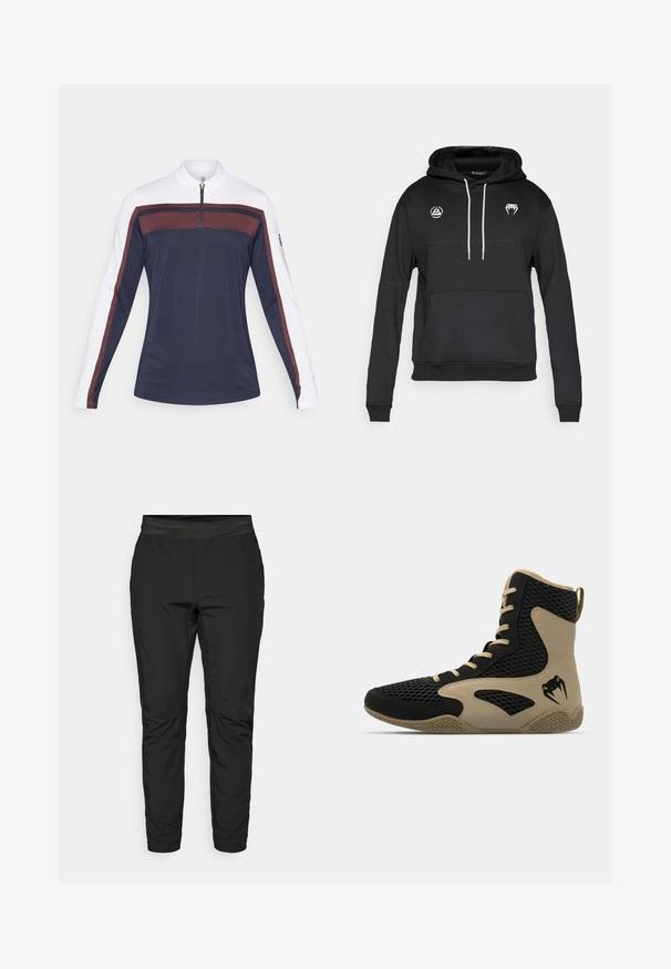 Sweatshirt preta com capuz, bolso canguru, cordões brancos e dois logotipos no peito. Feita de tecido macio e texturizado.; Polo de manga longa em azul marinho com mangas brancas, apresentando um colarinho com fecho de zipper e riscas em bordô ao longo do peito e das mangas.; Calças de stretchy pretas com um design ajustado, cintura elástica e bolsos com zip. Textura suave com um acabamento ligeiramente brilhante.; Sapatilha desportiva de cano alto com um exterior em malha preta e detalhes em bege. Sola de borracha texturada e detalhe do logótipo na lateral.