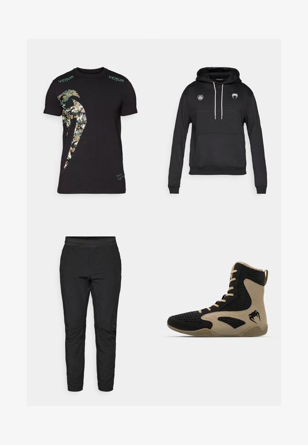 Czarna bluza z kapturem z kieszenią kangurką, białymi sznurkami i dwoma logo na klatce piersiowej. Wykonana z miękkiego, teksturowanego materiału.; Czarny bawełniany t-shirt z dużą grafiką w kamuflażu oraz napisem "Venum" w zieleni na ramionach. Krótkie rękawy, standardowy krój.; Czarne legginsy o dopasowanym kroju, z elastycznym pasem i kieszeniami na zamek. Gładka tekstura o lekko błyszczącym wykończeniu.; Wysokie buty sportowe z czarną siateczkową powierzchnią i beżowymi akcentami. Teksturowana gumowa podeszwa i detal logo po boku.