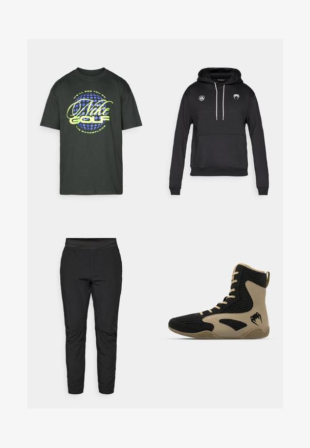 Sweatshirt preta com capuz, bolso canguru, cordões brancos e dois logotipos no peito. Feita de tecido macio e texturizado.; T-shirt preto de manga curta feito de algodão. Apresenta um texto gráfico colorido "Nike Golf" em verde e azul, com um fundo de padrão circular.; Calças de stretchy pretas com um design ajustado, cintura elástica e bolsos com zip. Textura suave com um acabamento ligeiramente brilhante.; Sapatilha desportiva de cano alto com um exterior em malha preta e detalhes em bege. Sola de borracha texturada e detalhe do logótipo na lateral.