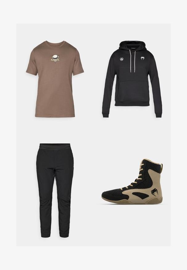 Sweatshirt preta com capuz, bolso canguru, cordões brancos e dois logotipos no peito. Feita de tecido macio e texturizado.; T-shirt de algodão castanho com decote redondo, mangas curtas e um logótipo triangular com uma bola de golfe e o texto "NIKE" em bordado dourado.; Calças de stretchy pretas com um design ajustado, cintura elástica e bolsos com zip. Textura suave com um acabamento ligeiramente brilhante.; Sapatilha desportiva de cano alto com um exterior em malha preta e detalhes em bege. Sola de borracha texturada e detalhe do logótipo na lateral.