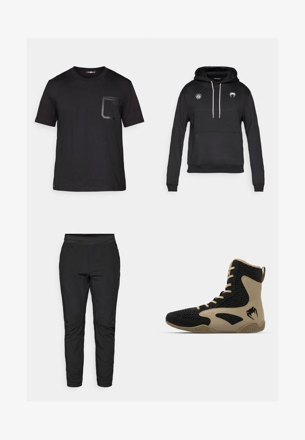 Sweatshirt preta com capuz, bolso canguru, cordões brancos e dois logotipos no peito. Feita de tecido macio e texturizado.; T-shirt preta de manga curta feito de algodão com uma textura subtil. Apresenta um bolso frontal com um design retangular e detalhe do logo.; Calças de stretchy pretas com um design ajustado, cintura elástica e bolsos com zip. Textura suave com um acabamento ligeiramente brilhante.; Sapatilha desportiva de cano alto com um exterior em malha preta e detalhes em bege. Sola de borracha texturada e detalhe do logótipo na lateral.