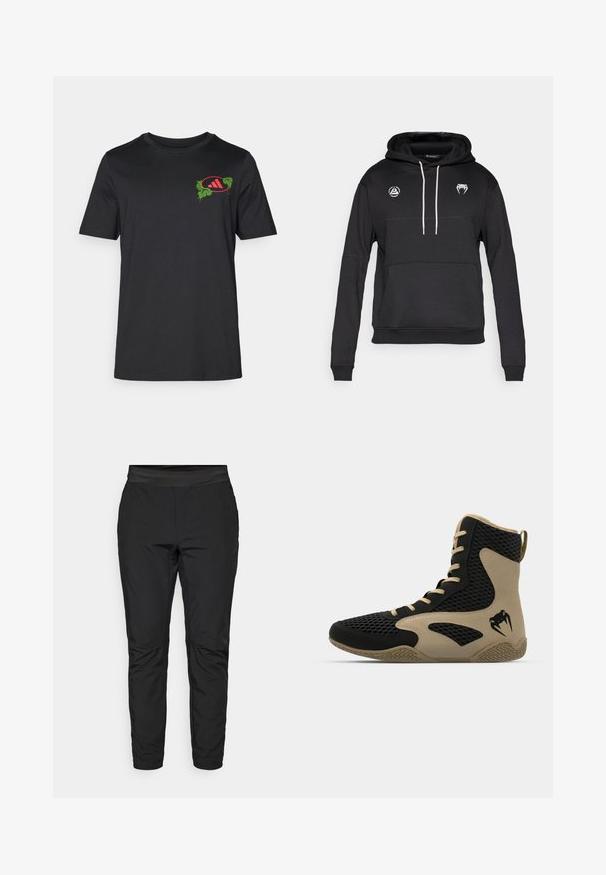 Crna pulover majica s kapuljačom s kangaroo džepom, bijelim korsetama i dva logotipa na prsima. Izrađena od mekog, teksturiranog materijala.; Crna pamučna majica s okruglim izrezom. Sadrži živopisni zeleni i crveni grafički dizajn na lijevoj strani prsnog dijela, koji uključuje palmin list i logo.; Crne tajice s prilagodljivim dizajnom, elastičnom strukom i džepovima na patentni zatvarač. Glide tekstura s blago sjajnim završetkom.; Kožne visoke atletske tenisice s vanjskom mrežicom u crnoj boji i bež naglascima. Teksturirana gumena potplat i detalj s logotipom sa strane.
