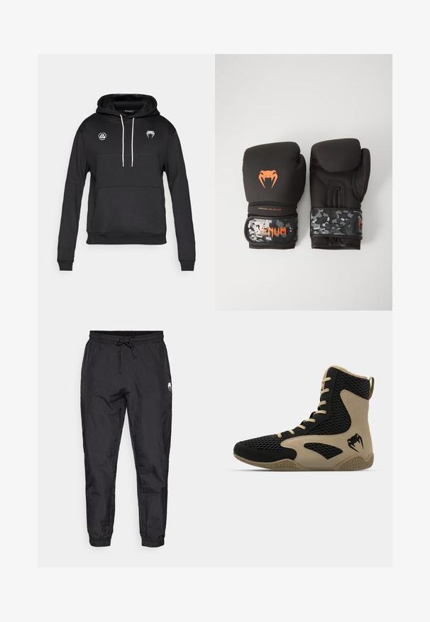 Svart pullover-hoodie med en känguruficka, vita dragsnören och två logotyper på bröstet. Tillverkad av mjukt, texturerat tyg.; Svarta, lätta joggingsbyxor med resårmidja och dragsko, insvängda ben och en subtil strukturerad finish.; Högskuren спортивна sko med en svart nätutsida och beige accenter. Texturerad gummisula och logodetalj på sidan.; Svarta boxningshandskar med matt yta och ergonomisk design. Orange logotypdetaljering och handledsremmar med kamouflage-mönster.