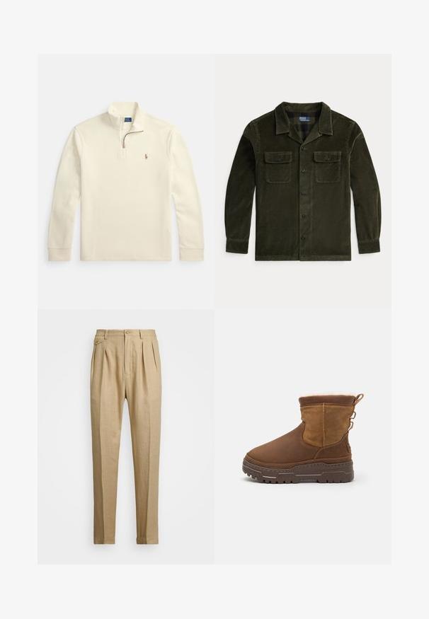 Cream-colored long sleeve pullover with quarter-zip and small embroidered polo player logo on the left chest.; Dark green corduroy shirt jacket with long sleeves, two chest pockets, and button closure. Features a classic collar and horizontal ribbed texture.; Beige linen trousers with a straight cut, featuring two front pleats, a button closure, and side pockets. Textured fabric with a smooth finish.; Brown suede ankle boots with a plush fur lining, sturdy rubber sole, and decorative side loops for easy wear. Textured finish on upper.