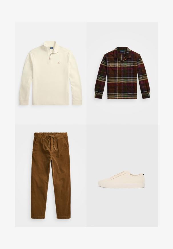 Krēmkrāsas garām piedurknēm pulovers ar ceturkšņa rāvējslēdzēju un mazu izšūtu polo spēlētāja logotipu kreisajā krūšu daļā.; Brūna garām piedurknēm topi ar četru krāsu (zaļu, purpursarkanu un oranžs) svītrām, divām krūšu kabatām un pogājamu apkakli.; Brūni korduroja bikses ar elastīgu jostu un auklu, sānu kabatām un taisnām kājām ar teksturētu ribinājumu.; Bežīgas kanvas kedas ar apaļu purngalu, plakanu gumijas zoli un auklām priekšā. Ir minimālisma dizains un kontrastējoša melna akcenta detaļa uz papēža.