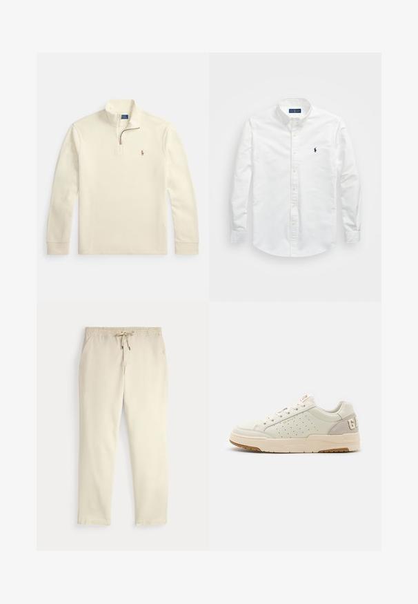 Cremefarbener Langarm-Pullover mit Viertel-Reißverschluss und kleinem, gesticktem Polo-Spieler-Logo auf der linken Brust.; Weißes Button-Down-Hemd aus Baumwolle. Verfügt über einen spitzen Kragen, lange Ärmel und ein kleines marineblaues Logo auf der Brust. Glatte Textur.; Beige legere Hosen mit elastischem Bund und Kordelzug, gerade Hosenbeine und seitlichen Taschen vor einem einfarbigen Hintergrund.; GANT BROOKPAL - Sneaker low - off white