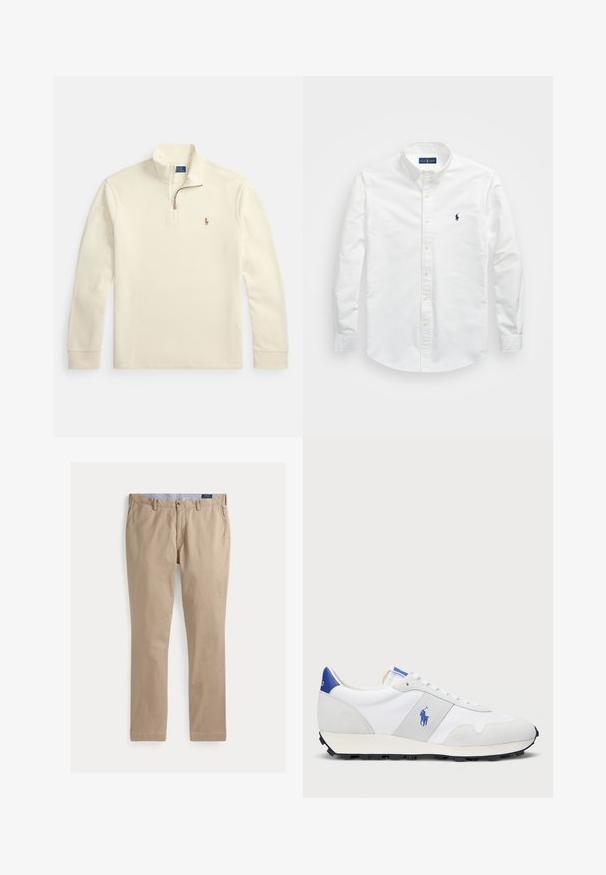 Kremfarget genser med lange ermer, kvart-glidelås og liten brodert logo av en polo-spiller på venstre bryst.; Hvit skjorte med knapper laget av bomull. Har spiss krage, lange ermer og en liten marineblå logo på brystet. Glatt tekstur.; Khaki chinos med rett ben-design, laget av bomullsstoff. Inkluderer en sikker frontknapplukking og belteholdere.; Hvit trening sneaker med grå semsket skinn-accents, mesh-overdel, blå hælflik og svart gummi såle. Har snøring og logo.