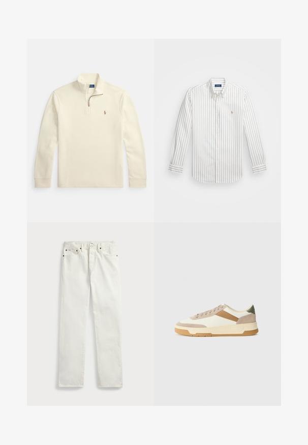 Camisola de manga comprida cor creme com fecho de correr até um quarto do comprimento e pequeno logótipo bordado de jogador de polo no lado esquerdo do peito.; Camisa branca de botões com riscas verticais em azul claro, mangas compridas, colarinho abotoado e pequeno logotipo bordado no lado esquerdo do peito.; Calças de ganga brancas com um corte reto, apresentando cinco bolsos, botões metálicos e costuras decorativas ao longo das costuras. Textura suave.; Ténis em bege, creme e verde oliva, com materiais em camurça e couro, bico redondo, design minimalista e sola em borracha.
