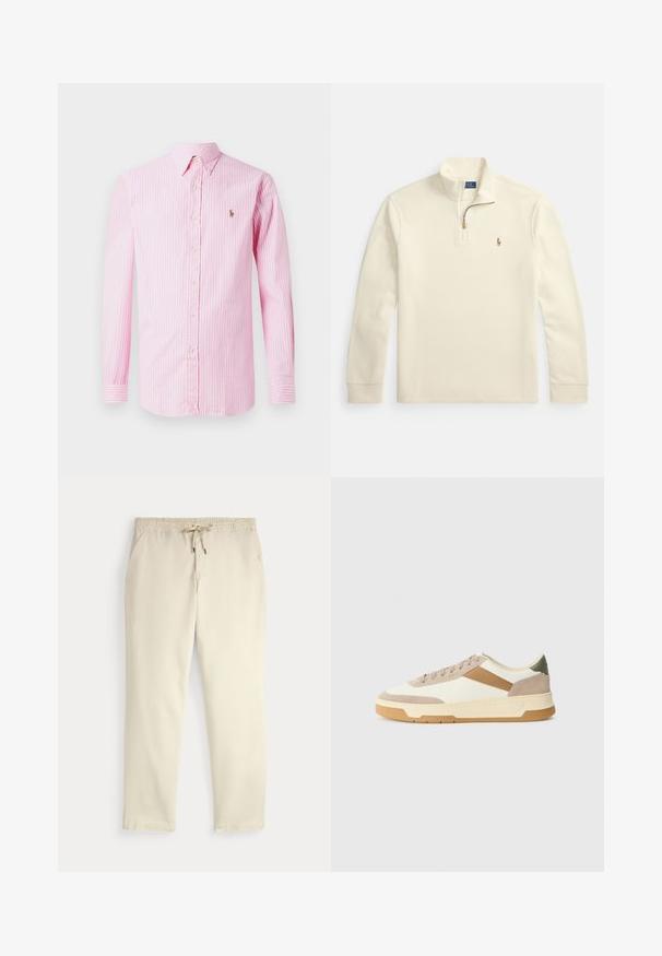 Kreminės spalvos ilgomis rankovėmis megztinis su ketvirčio užtrauktuku ir mažu siuvinėtu polo žaidėjo logotipu kairiajame krūtinės plote.; Rausvaišis ir baltas dryžuotas ilgomis rankovėmis marškinis su apykakle, turintis mažą logotipą kairėje krūtinės pusėje. Pagamintas iš lengvo audinio.; Oficialiai balti kasdieniniai kelnės su elastiniu juosmeniu ir raišteliu, tiesiomis kojomis ir šoninėmis kišenėmis prieš paprastą foną.; Bežiniai, kreminiai ir alyviniai sportbačiai, pagaminti iš zomšos ir odos, su apvaliu pirštu, minimalistiniu dizainu ir guminėmis padangomis.