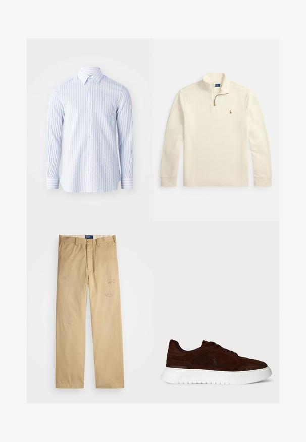 Krémovo sfarbený pulóver s dlhým rukávom, štvrtinovým zipsom a malým vyšívaným logom pólistu na ľavej strane hrude.; Prúžkovaná košeľa s button-up v svetlom modrom a bielom, s golierom a dlhými rukávmi s gombíkovými manžetami. Ľahká bavlnená tkanina.; Béžové bavlnené nohavice so strihom do rovna. Obsahujú poškodené záplaty a vyšívané detaily na prednej strane. Klasické zapínanie na gombík a zips.; Tmavohnedé semišové tenisky s hrubou bielou podrážkou, šnurovacie zapínanie a diskrétne logo Polo na boku, z pohľadu z vonkajšej strany.