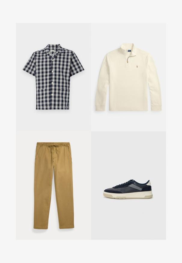 Kremfarget genser med lange ermer, kvart-glidelås og liten brodert logo av en polo-spiller på venstre bryst.; Skjorte med korte ermer i marineblå og hvit rutete mønster, laget av myk stoff, med knapper foran og to lommer foran.; Khaki rettslinjede bukser med elastisk midjebånd og snøring foran, med skrå frontlommer og stitchede sømmer.; BOSS BALTIMORE - Joggesko - open blue