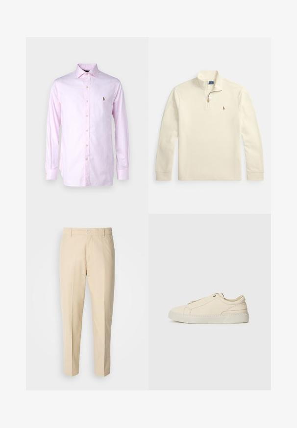 Kreminės spalvos ilgomis rankovėmis megztinis su ketvirčio užtrauktuku ir mažu siuvinėtu polo žaidėjo logotipu kairiajame krūtinės plote.; Polo Ralph Lauren Dalykiniai marškiniai - pink/white; Šviesiai smėlio spalvos chino kelnės su tiesia kojų linija, audinys yra lygus, su priekinėmis mygtukų uždarymo detalėmis ir dviem šoninėmis kišenėmis.; Kreminio odos sportbačiai su apvaliu nosiu, minimalistiniu dizainu, subtiliomis siuvimo detalėmis ir tekstūrine viršutine dalimi, ant šviesios pado.