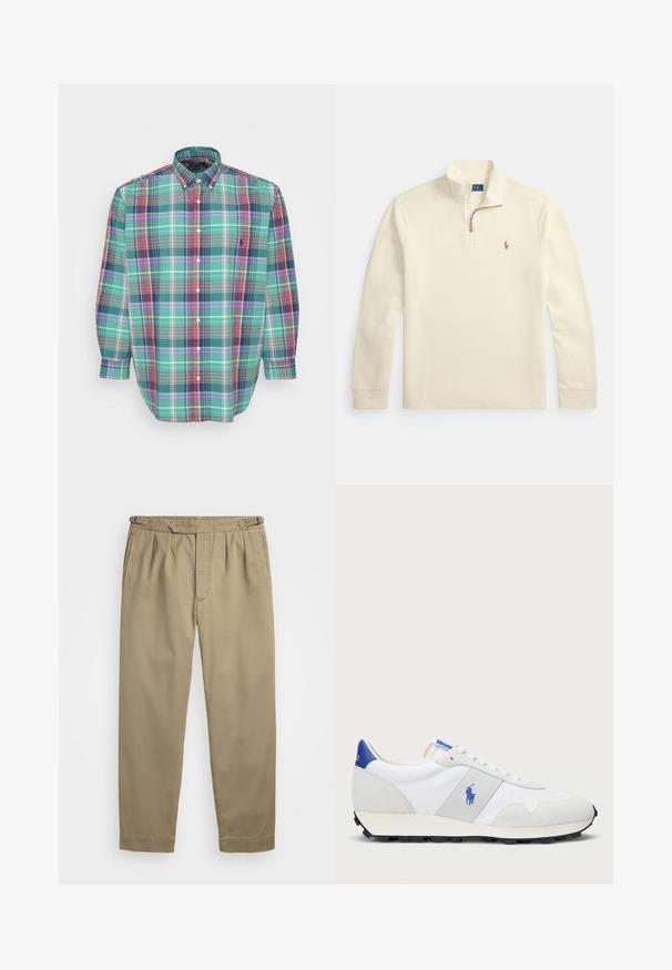 Kremfarget genser med lange ermer, kvart-glidelås og liten brodert logo av en polo-spiller på venstre bryst.; Polo Ralph Lauren Big & Tall PLAID OXFORD SHIRT - Skjorte - green/red/multi; Beige plisserte bukser laget av et lett stoff, med knappelukking og oppbrettede ermer. Glatt tekstur med rene linjer.; Hvit trening sneaker med grå semsket skinn-accents, mesh-overdel, blå hælflik og svart gummi såle. Har snøring og logo.
