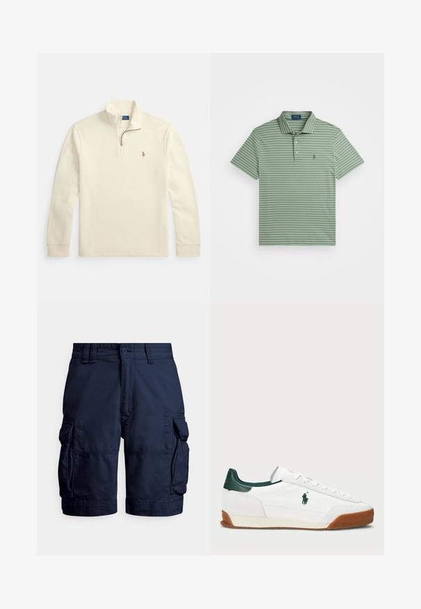 Cream-colored long sleeve pullover with quarter-zip and small embroidered polo player logo on the left chest.; Green polo shirt with white stripes, short sleeves, and a three-button placket. Features a small logo on the left chest. Cotton blend texture.; Navy blue cargo shorts made of durable fabric, featuring side pockets, a button closure, and stitched detailing for texture.; White sneaker with green leather accents and a tan rubber sole. Features a fabric body and a prominent logo on the side. Laced design.