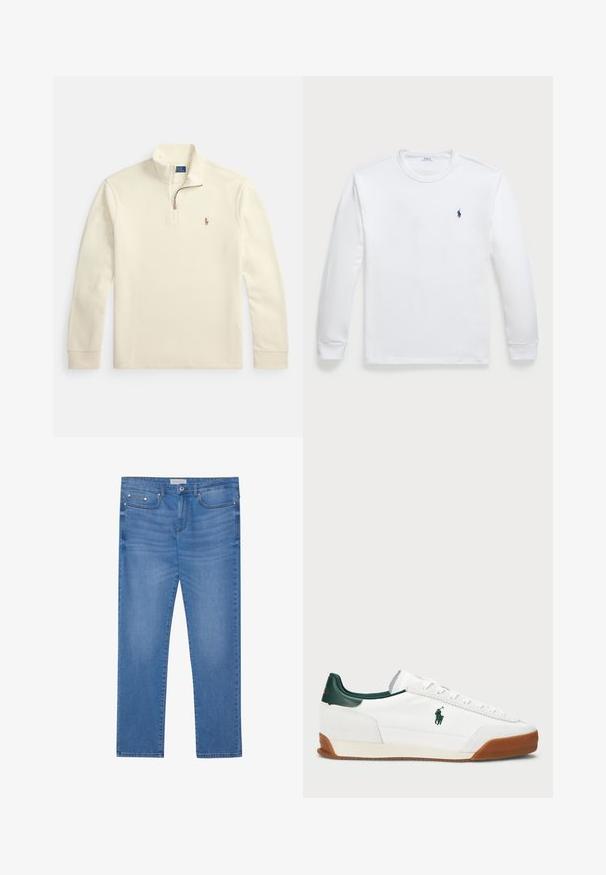 Camisola de manga comprida cor creme com fecho de correr até um quarto do comprimento e pequeno logótipo bordado de jogador de polo no lado esquerdo do peito.; Camisola de manga longa branca feita de algodão, com decote redondo e um pequeno logótipo azul-marinho no lado esquerdo do peito. Textura suave, design simples.; Jeans de ganga azul claro com corte reto, design de cinco bolsos, desbotamento subtil e detalhes em metal na cintura e nos bolsos.; Sapatilha branca com detalhes em pele verde e sola em borracha bege. Apresenta um corpo em tecido e um logótipo proeminente na lateral. Design com atacadores.