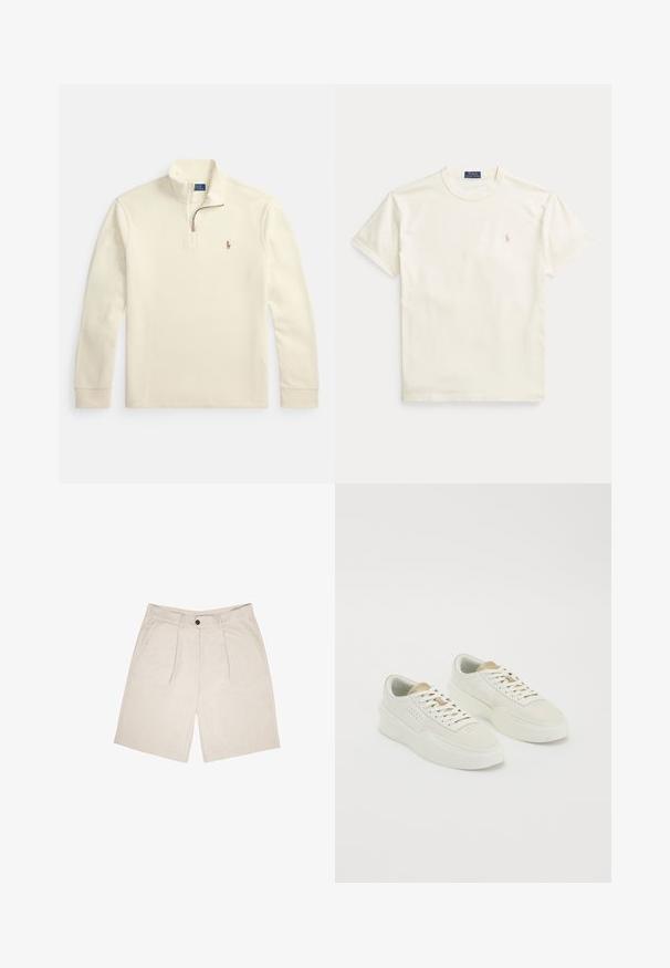 Kremfarvet langærmet pullover med kvart-lynlås og lille broderet polospillerlogo på venstre bryst.; Flødefarvet bomulds-T-shirt med korte ærmer. Har et diskret broderet logo på venstre bryst og rund hals.; Beige shorts lavet af blødt stof, med en flad front og to plisseringer, bælteløkker og sidelommer. Enkelt knaplukning ved taljen.; Et par off-white lavtop sneakers med beige detaljer, tykke såler og hvide snørebånd på en ensfarvet hvid baggrund.