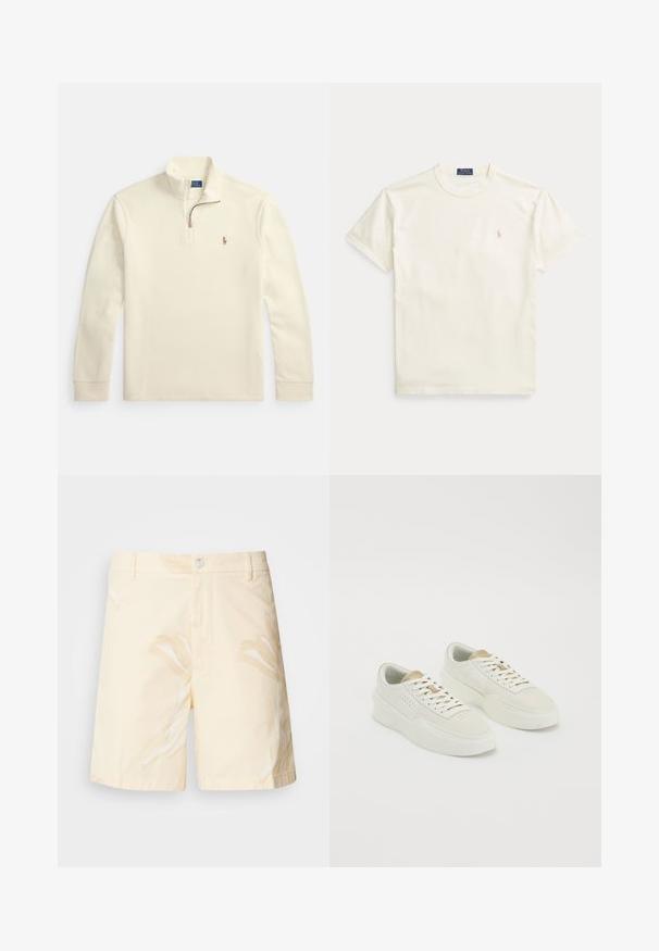 Cremefarbener Langarm-Pullover mit Viertel-Reißverschluss und kleinem, gesticktem Polo-Spieler-Logo auf der linken Brust.; Baumwoll-T-Shirt in Cremefarbe mit kurzen Ärmeln. Verfügt über ein dezentes, auf der linken Brust gesticktes Logo und einen Rundhalsausschnitt.; Baumwollshorts in hellgelb mit floralem Muster. Mit einem Knopfverschluss, Fronttaschen und einem geraden Schnitt mit gesäumten Kanten.; Ein Paar off-white Low-Top-Sneaker mit beigen Akzenten, dicken Sohlen und weißen Schnürsenkeln auf einem schlichten weißen Hintergrund.