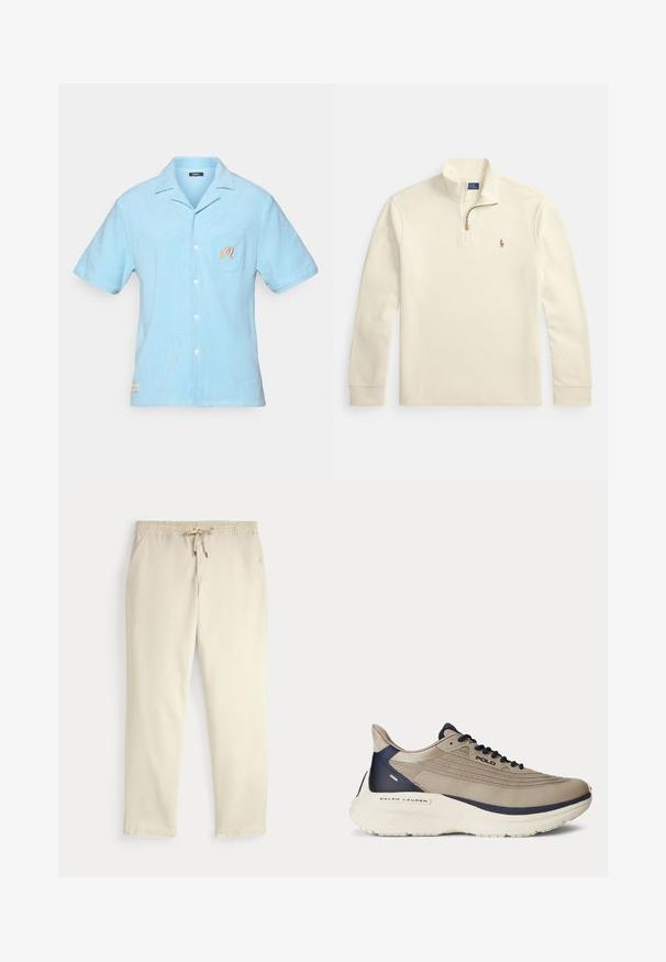 Cream-colored long sleeve pullover with quarter-zip and small embroidered polo player logo on the left chest.; Light blue short-sleeve shirt made of soft terry fabric. Features a collar, front pocket with embroidered detail, and button closure.; Off-white casual pants with elastic waistband and drawstring, straight legs, and side pockets against a plain background.; Beige athletic shoe with a textured mesh upper, navy accents, thick white sole, and intricate design details. Features laces and logo branding.