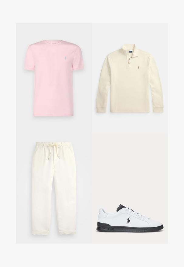 Kremowy pulower z długim rękawem, z ćwiartkowym zamkiem błyskawicznym i małym haftowanym logo gracza polo na lewej piersi.; Polo Ralph Lauren - T-shirt basic; Jasna kremowa, casualowa para spodni wykonanych z miękkiego materiału. Posiada elastyczny pas ze sznurkiem i zwężający się krój nogawek.; Biały skórzany sneaker z czarnymi akcentami, zawiązywany na sznurówki, z gumową podeszwą i logo po boku. Gładka faktura całości.