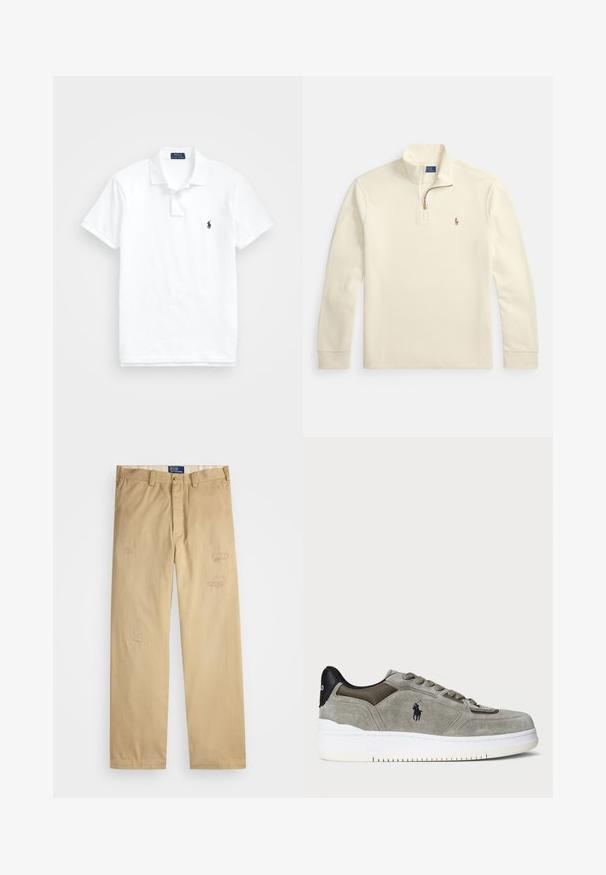 Kreminės spalvos ilgomis rankovėmis megztinis su ketvirčio užtrauktuku ir mažu siuvinėtu polo žaidėjo logotipu kairiajame krūtinės plote.; Balta polo marškinėliai, pagaminti iš medvilnės. Turi klasikinius apykaklės, tris mygtukus, trumpas rankoves ir mažą tamsiai mėlyną logotipą krūtinėje.; Braški medvilniniai kelnės su tiesiu kirpimu. Priekyje yra dėvėti priežiūros elementai ir siuvinėjimo detalės. Klasikinis mygtuko ir užtrauktuko uždarymas.; Pilkos zomšos sportbačiai su tekstūruotu paviršiumi, kontrastiniu juodu kulnu, baltu padu ir siuvinėtu logotipu. Laidinimo dizainas su šešiais užtrauktukais.