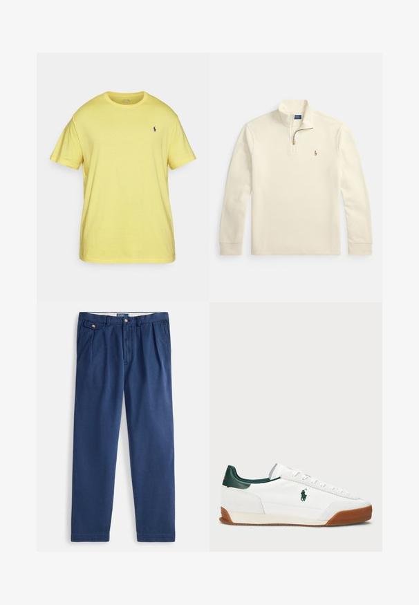 Pulover dolgega rokava barve smetane z zadrgo do četrtine in majhno vezeno logotipom igralca polo na levi strani prsnega koša.; Polo Ralph Lauren Big & Tall JERSEY CREWNECK T-SHIRT - Navadna majica - lemon rind; Temno modre hlače z ozkim krojem iz tkanine iz bombažnega mešanega materiala, z zapiranjem na gumb, dvema sprednjima žepoma in gladko teksturo.; Beli športni copat z zelenimi usnjenimi detajli in svetlo rjavim gumijastim podplatom. Ima tekstilno telo in izstopajoče logo na strani. Zavezovanje.
