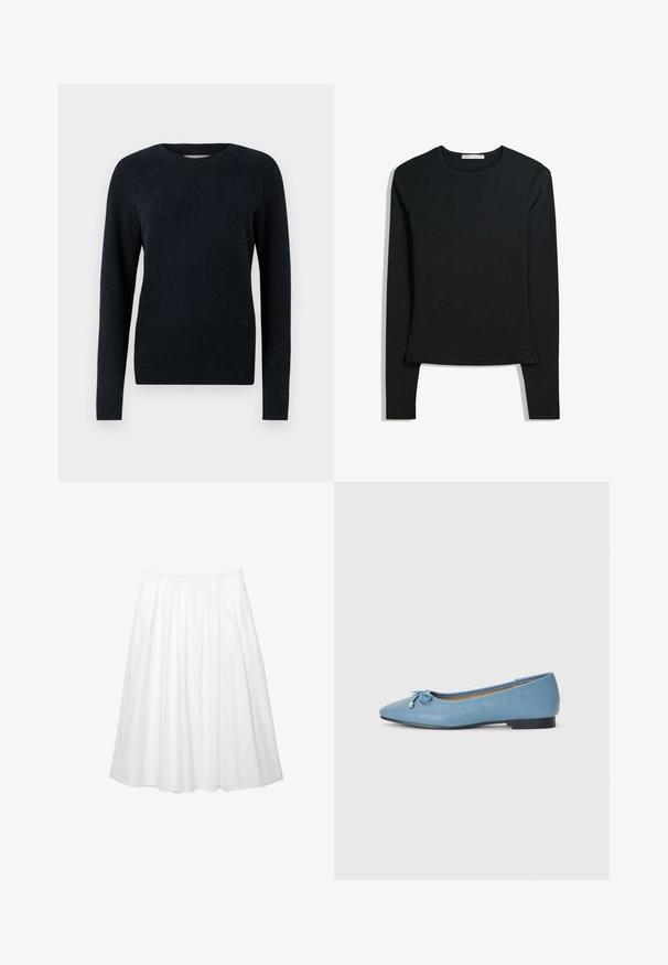 Donkerblauwe trui met een ronde halslijn, lange mouwen en een zachte, gestructureerde afwerking. Eenvoudig ontwerp zonder patronen of versieringen.; Zwarte langermige shirt van zachte stof, met een ronde halslijn en een aansluitend ontwerp met een rechte zoom en minimale stikseldetails.; Witte, knielange rok met een geplooid ontwerp. Voorzien van een elastische tailleband voor gemakkelijke draagervaring. Gemaakt van lichtgewicht katoen.; Lichtblauwe leren ballerina met een puntige neus, voorzien van een kleine strikaccent en een lage zwarte hak. Soepele textuur met stikdetails.