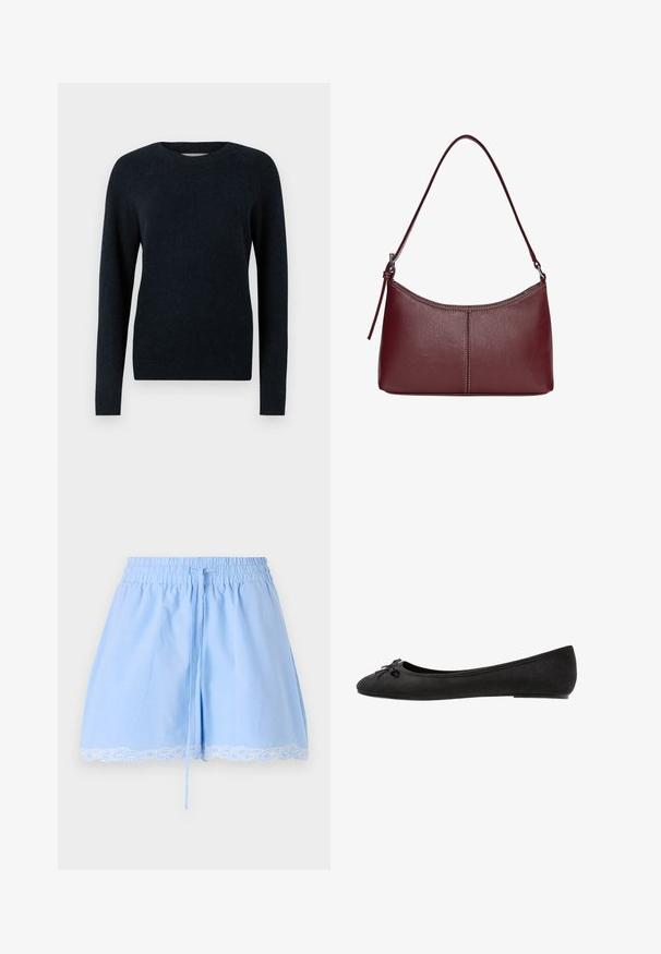 Pulover în nuanță de navy închis, cu guler tip crew, mâneci lungi și un finisaj moale, texturat. Design simplu, fără modele sau embellishments.; Bermude din bumbac de culoare albastru deschis, cu un tiv elastic, detalii cu șnur și dantelă albă la margine. Textură moale și croială lejeră.; Balerini din suede negru, cu vârf rotund, având o fundiță decorativă în față și un design cu talpă plată. Textură netedă și formă clasică.; Geantă din piele bordo cu o formă curbată, un singur mânere pentru umăr și detalii cusute în centru. Textură netedă, hardware minim.
