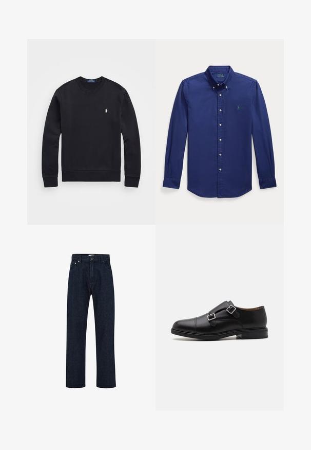 Must must vest, mis sisaldab puuvilla segu, ümar kaelus, pikad varrukad, ribakujulised mansetid ja äär, väikese tikitud logoga rinnal.; Tumesinine pika varrukaga nööpidega särk, mis on valmistatud puuvillast. Omab teravat kraed ja väikest rohelist tikandiga logo vasakul rinnal.; Tumed sinised teksad kõrge vöökoha, sirgete laiade jalgade, esikottide ja metallnööbiga kinnitusega. Klassikaline viie taskuga disain.; Must musta lähedane king, millel on topelt luku sulgemine, ümar varvas, peened õmblused ja lame, tekstureeritud kummitald.