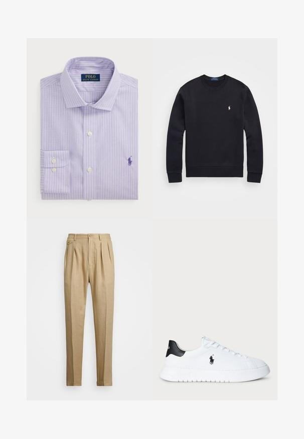 Svart hettegenser laget av bomullsmiks, med rund hals, lange ermer, ribbede mansjetter og nederkant, samt et lite brodert logo på brystet.; Lyse lilla skjorte med hvite vertikale striper, knapp-ned krage, enkelt brystlomme, med brodert logo i mørk lilla.; Beige linbukser med rett snitt, med to frontfold, knappeåpning og sidelommer. Teksturt stoff med en glatt finish.; Hvit lavt beskåret sneaker med svart hælflik og svart Polo Ralph Lauren-logo på siden, med hvite lisser og tykk gummisåle.