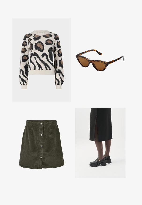 JDY LORRAINE - Vesta - cement; Mini suknja od kordura u tamnozelenoj boji s a-line oblikom, featuring pet srebrnih dugmadi na prednjoj strani i vertikalnom rebrastom teksturom.; Crne kožne cipele s zaobljenim vrhom, debelim blok petama i elastičnim bočnim detaljima, uparene s tamnim čarapama i crnom suknjom s prorezom.; Sunglasses u obliku mačjih očiju s okvirom u crno-narančastom kornjačevom uzorku, smešnim lećama i elegatnim, šiljastim vrhovima. Sadrži minimalni logo na dršci.