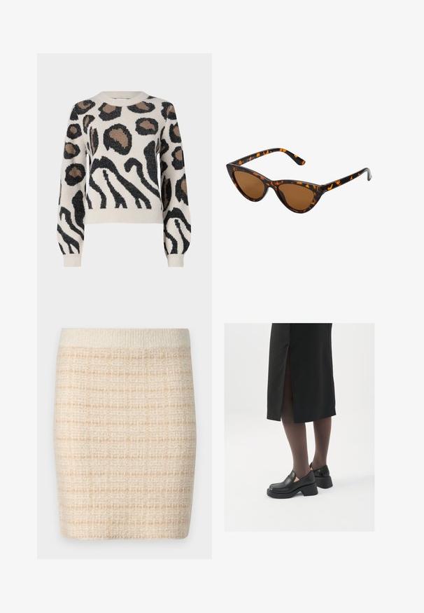 JDY LORRAINE - Pullover - cement; Jupe mini en tricot beige avec un motif à carreaux texturé, dotée d'une taille unie couleur crème. Longueur mi-cuisse, tissu doux.; Chaussures noires en cuir avec un bout arrondi, un épais talon bloc et des accents latéraux élastiques, associées à des bas foncés et une jupe noire avec une fente.; Lunettes de soleil style œil de chat avec une monture en écaille de tortue noire et orange, verres marron et pointes effilées et élégantes. Présente un logo minimaliste sur la branche.