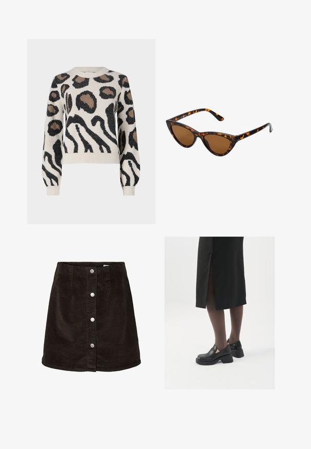 JDY LORRAINE - Džemperis - cement; Tumši brūns korduroja A līnijas svārki ar piecām sudraba spiedpogām priekšpusē un nelielu izplešanos apakšmalā.; Melni ādas apavi ar noapaļotu purngalu, biezām bloku papēžiem un elastīgiem sānu akcentiem, apvienoti ar tumšām zeķubiksēm un melnu svārku ar šķirbu.; Kaķa acs saulesbrilles ar melnu un oranžu bruņurupuču rakstu rāmi, brūnām lēcām un elegantiem, norādītiem galiem. Rāmī ir minimālists logos uz tempļa.