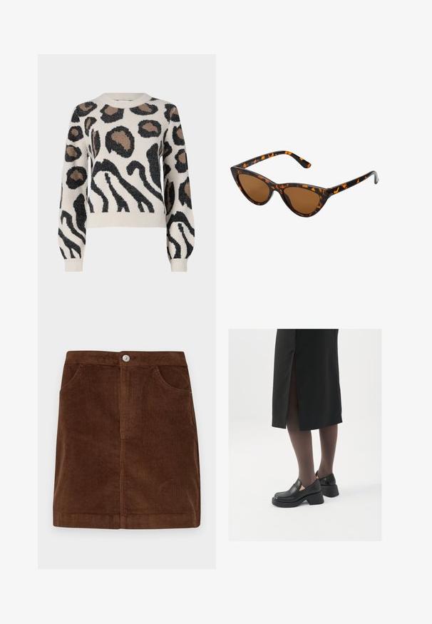 JDY LORRAINE - Svetrík - cement; Pieces PCRILLO SKIRT - Minisukňa - fondue fudge; Čierne kožené topánky s okrúhlou špičkou, silným blokovým opätkom a elastickými bočnými akcentmi, skombinované s tmavými pančuchami a čiernou sukňou so štiepením.; Mačacie slnečné okuliare s čiernym a oranžovým želvovinovým rámom, hnedými sklami a elegantnými, špicatými koncami. Obsahujú minimalistické logo na spánku.