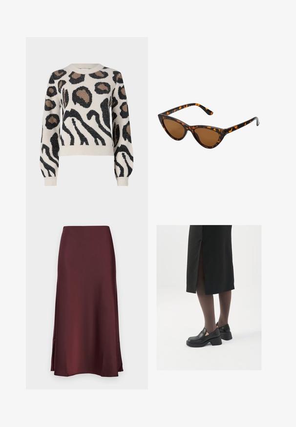 JDY LORRAINE - Neule - cement; YAS YASPELLA MIDI - A-linjainen hame - decadent chocolate; Mustat nahkakengät pyöreällä kärjellä, paksulla lohkopohjalla ja joustavilla sivuakkesseilla, yhdistettynä tummiin sukkahousuihin ja mustaan hameeseen, jossa on halkio.; Kattöga solglasögon med en svart och orange sköldpaddsmönstrad båge, bruna linser och slanka, spetsiga spetsar. Har en minimal logotyp på skalmen.