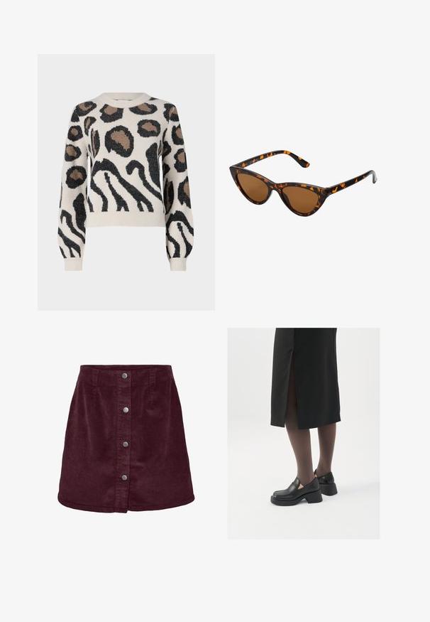 JDY LORRAINE - Trui - cement; Bordeaux corduroy mini-jurk met A-lijnvorm, voorzien van vijf zilveren knopen aan de voorkant en een subtiele ribbelstructuur.; Zwarte leren schoenen met een ronde neus, dikke blokhak en elastische zijkanten, gecombineerd met donkere panty's en een zwarte rok met een split.; Cat-eye zonnebril met een zwart en oranje schildpadframe, bruine lenzen en slanke, puntige uiteinden. Bevat een minimalistisch logo op de poot.