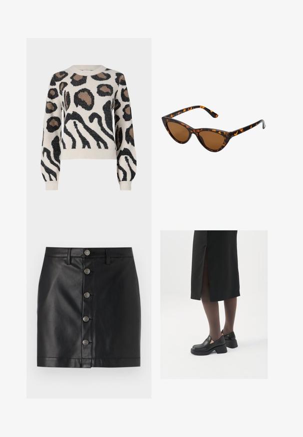 JDY LORRAINE - Vesta - cement; Crna kožna suknja s pripijenim dizajnom, koja ima pet srebrnih metalnih dugmadi sprijeda i ravni rub. Glatka tekstura.; Crne kožne cipele s zaobljenim vrhom, debelim blok petama i elastičnim bočnim detaljima, uparene s tamnim čarapama i crnom suknjom s prorezom.; Sunglasses u obliku mačjih očiju s okvirom u crno-narančastom kornjačevom uzorku, smešnim lećama i elegatnim, šiljastim vrhovima. Sadrži minimalni logo na dršci.