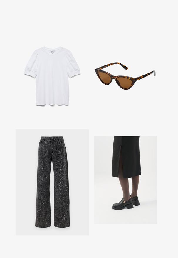JDY LORRAINE - Pulover - cement; Cămașă albă cu mâneci scurte, guler rotund și mâneci bufante. Fabricată dintr-un material neted, având un etichetă cu inscripția "AWARE".; Noisy May NMJANNEL LOOSE - Blugi loose fit - black denim; Pantofi din piele neagră cu vârful rotund, toc bloc gros și accente elastice pe lateral, asortați cu colanți închiși la culoare și o fustă neagră cu o fanta.; Ochelari de soare în stil cat-eye, cu o ramă din material cu tortoiseshell negru și portocalie, lentile maro și vârfuri elegante, ascuțite. Prezintă un logo minimal pe brățara ochelarilor.