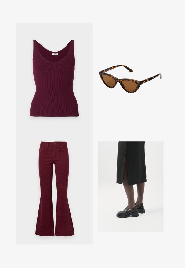 JDY LORRAINE - Svetrík - cement; Burgundská rebrovaná tielko s výstrihom do V a širokými ramienkami, s priliehavým strihom a jemnou textúrou. Nálepka znie "JDY."; Burgundské kordové rozšírené džínsy s piatimi vreckami, predným zapínaním na gombík a textúrovanou látkou. Rozšírenie začína od kolena až po lem.; Čierne kožené topánky s okrúhlou špičkou, silným blokovým opätkom a elastickými bočnými akcentmi, skombinované s tmavými pančuchami a čiernou sukňou so štiepením.; Mačacie slnečné okuliare s čiernym a oranžovým želvovinovým rámom, hnedými sklami a elegantnými, špicatými koncami. Obsahujú minimalistické logo na spánku.