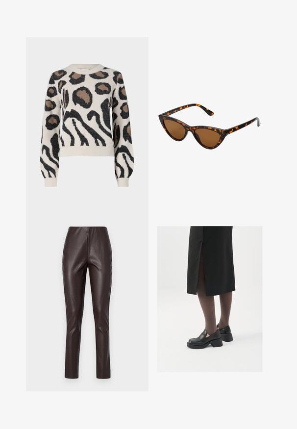 JDY LORRAINE - Džemper - cement; Pruunid faux nahast legginsid, mis on sileda tekstuuriga, kõrge vöökohaga ja kitsaste lõikega. Omavad nõtket disaini ilma nähtavate õmbluste või kaunistusteta.; Mustad mustad jalatsid ümmarguse varbaga, paksu plokkniidi ja elastsete külgdetailidega, kombineeritud tumedate sukkade ja musta lõhikuga seelikuga.; Kassi vormiga prillid musta ja oranži kilpkonnakujulise raami, pruunide läätsede ja elegantsete teravate otstega. Templi juures on minimaalne logo.