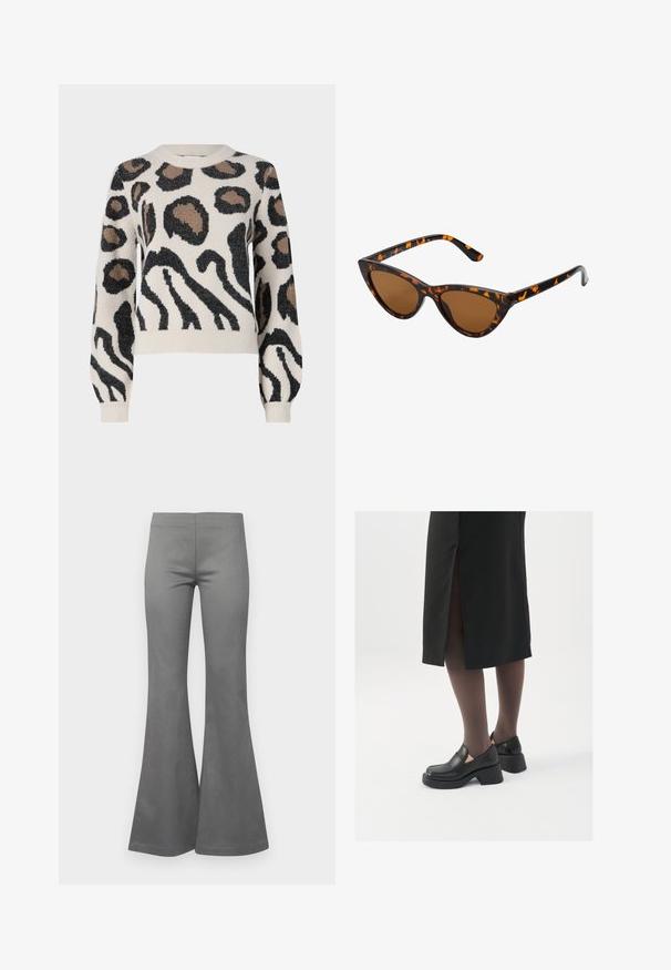 JDY LORRAINE - Pulóver - cement; Szürke, bővülő nadrág, sima anyagtextúrával és testhezálló fazonnal, amelyek a térdtől a szegélyig szélesednek.; Fekete bőr cipők lekerekített orral, vastag blokk sarkakkal és elasztikus oldalsó díszítésekkel, sötét harisnyával és hasítékkal ellátott fekete szoknyával párosítva.; Cica szemüveg fekete és narancssárga teknőc pánttal, barna lencsékkel és sima, hegyes végekkel. A templomán egy minimalista logó található.