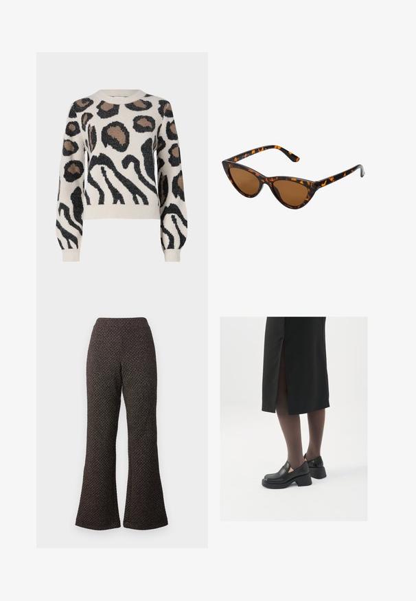 JDY LORRAINE - Camisola - cement; Calças pretas estilo boca de sino feitas de um tecido texturizado com um padrão de entrelaçamento, apresentando uma cintura alta e pernas largas.; Sapatos de couro pretos com bico arredondado, salto bloco grosso e detalhes elásticos laterais, combinados com meias escuras e uma saia preta com uma abertura.; Óculos de sol estilo gato com uma armação em tartaruga preta e laranja, lentes castanhas e pontas elegantes e pontiagudas. Apresenta um logo minimalista na haste.