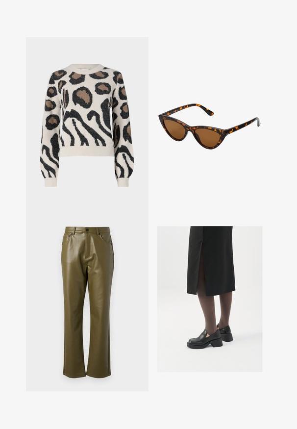 JDY LORRAINE - Pulover - cement; Pantaloni din piele ecologică de culoare verde măslin, cu un design drept. Au buzunare frontale și fermoar cu închidere prin buton metalic. Textură netedă.; Pantofi din piele neagră cu vârful rotund, toc bloc gros și accente elastice pe lateral, asortați cu colanți închiși la culoare și o fustă neagră cu o fanta.; Ochelari de soare în stil cat-eye, cu o ramă din material cu tortoiseshell negru și portocalie, lentile maro și vârfuri elegante, ascuțite. Prezintă un logo minimal pe brățara ochelarilor.