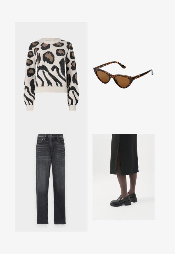 JDY LORRAINE - Džemperis - cement; Melnas džinsi ar taisnu kāju dizainu, kurus rotā priekšējās kabatas, poga slēgšanai un viegla novecošana.; Melni ādas apavi ar noapaļotu purngalu, biezām bloku papēžiem un elastīgiem sānu akcentiem, apvienoti ar tumšām zeķubiksēm un melnu svārku ar šķirbu.; Kaķa acs saulesbrilles ar melnu un oranžu bruņurupuču rakstu rāmi, brūnām lēcām un elegantiem, norādītiem galiem. Rāmī ir minimālists logos uz tempļa.