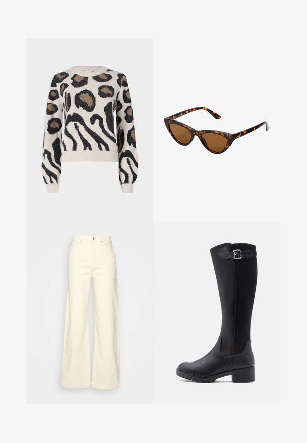 JDY LORRAINE - Jersey de punto - cement; Pantalones de pierna ancha en un color crema claro, fabricados en algodón, con cintura alta, cinco bolsillos, cierre de botón y detalles de costura mínimos.; Bota negra hasta la rodilla que presenta un frente de cuero suave, paneles de malla y un tacón bajo tipo bloque con un detalle de correa y hebilla.; Gafas de sol estilo ojo de gato con montura de carey negra y naranja, lentes marrones y puntas elegantes y afiladas. Presenta un logo minimalista en la patilla.