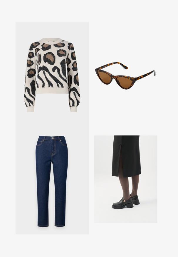JDY LORRAINE - Pulóver - cement; Sötétkék farmernadrág egyenes szabással, cipzáras nyitással, gombos záródással és díszvarrással a zsebeken és a varrásokon.; Fekete bőr cipők lekerekített orral, vastag blokk sarkakkal és elasztikus oldalsó díszítésekkel, sötét harisnyával és hasítékkal ellátott fekete szoknyával párosítva.; Cica szemüveg fekete és narancssárga teknőc pánttal, barna lencsékkel és sima, hegyes végekkel. A templomán egy minimalista logó található.