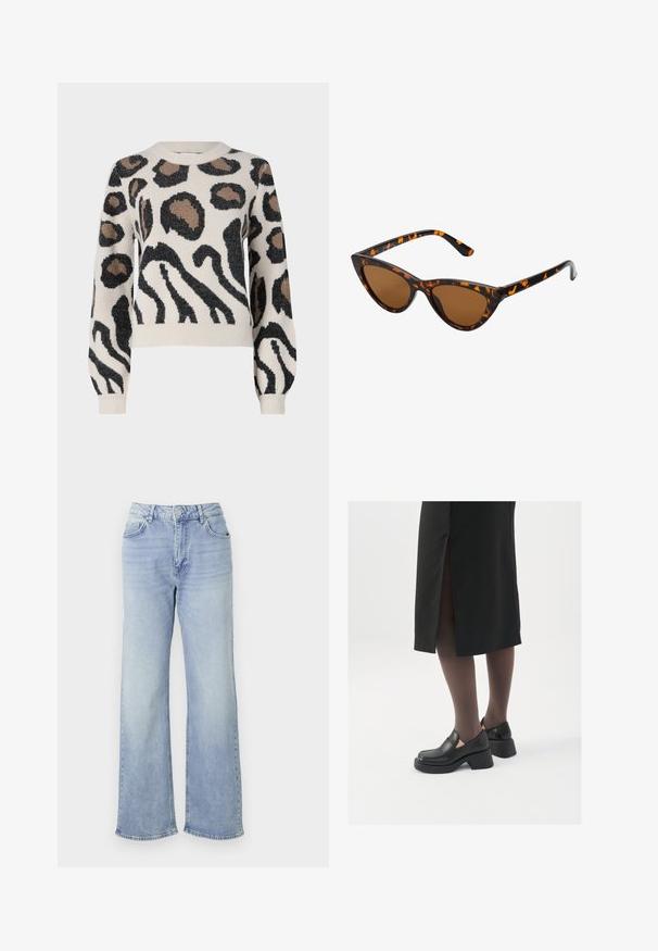 JDY LORRAINE - Strikkegenser - cement; Lyseblå vide denimjeans med høy midje, fem lommer og en hem med subtil slitthet.; Sorte lærersko med rund tå, tykk blokkheel og elastiske sideaksenter, sammen med mørke strømpebukser og et svart skjørt med splitt.; Kattøye solbriller med en svart og oransje skjellramme, brune linser og elegante, spisse tupper. Har en minimalistisk logo på stangen.