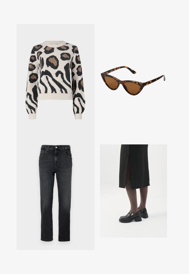 JDY LORRAINE - Pulover - cement; Jeans din denim gri închis cu un croi clasic drept, cinci buzunare și un singur buton metalic la talie.; Pantofi din piele neagră cu vârful rotund, toc bloc gros și accente elastice pe lateral, asortați cu colanți închiși la culoare și o fustă neagră cu o fanta.; Ochelari de soare în stil cat-eye, cu o ramă din material cu tortoiseshell negru și portocalie, lentile maro și vârfuri elegante, ascuțite. Prezintă un logo minimal pe brățara ochelarilor.