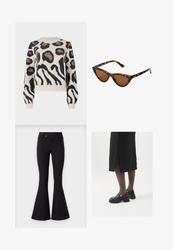 JDY LORRAINE - Strikkegenser - cement; Sorte flerede bukser laget av elastisk stoff med en glatt tekstur, med midjehøyde og to frontknapper.; Sorte lærersko med rund tå, tykk blokkheel og elastiske sideaksenter, sammen med mørke strømpebukser og et svart skjørt med splitt.; Kattøye solbriller med en svart og oransje skjellramme, brune linser og elegante, spisse tupper. Har en minimalistisk logo på stangen.