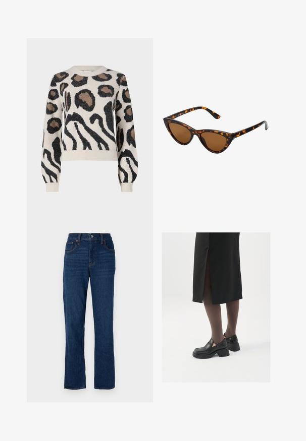 JDY LORRAINE - Pullover - cement; Jean droit en denim bleu foncé avec un design à cinq poches, des coutures orange et une fermeture à bouton au niveau de la taille.; Chaussures noires en cuir avec un bout arrondi, un épais talon bloc et des accents latéraux élastiques, associées à des bas foncés et une jupe noire avec une fente.; Lunettes de soleil style œil de chat avec une monture en écaille de tortue noire et orange, verres marron et pointes effilées et élégantes. Présente un logo minimaliste sur la branche.