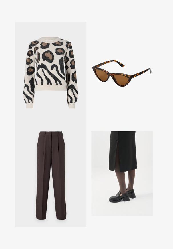 JDY LORRAINE szary; JJXX JXELLIS brązowy; Czarne skórzane buty z okrągłym noskiem, grubym blokowym obcasem i elastycznymi akcentami po bokach, zestawione z ciemnymi rajstopami i czarną spódnicą z rozcięciem.; Okulary przeciwsłoneczne w kształcie kocich oczu z czarno-pomarańczową oprawą w deseń żółwia, brązowymi soczewkami i eleganckimi, spiczastymi końcówkami. Posiadają minimalistyczne logo na zauszniku.